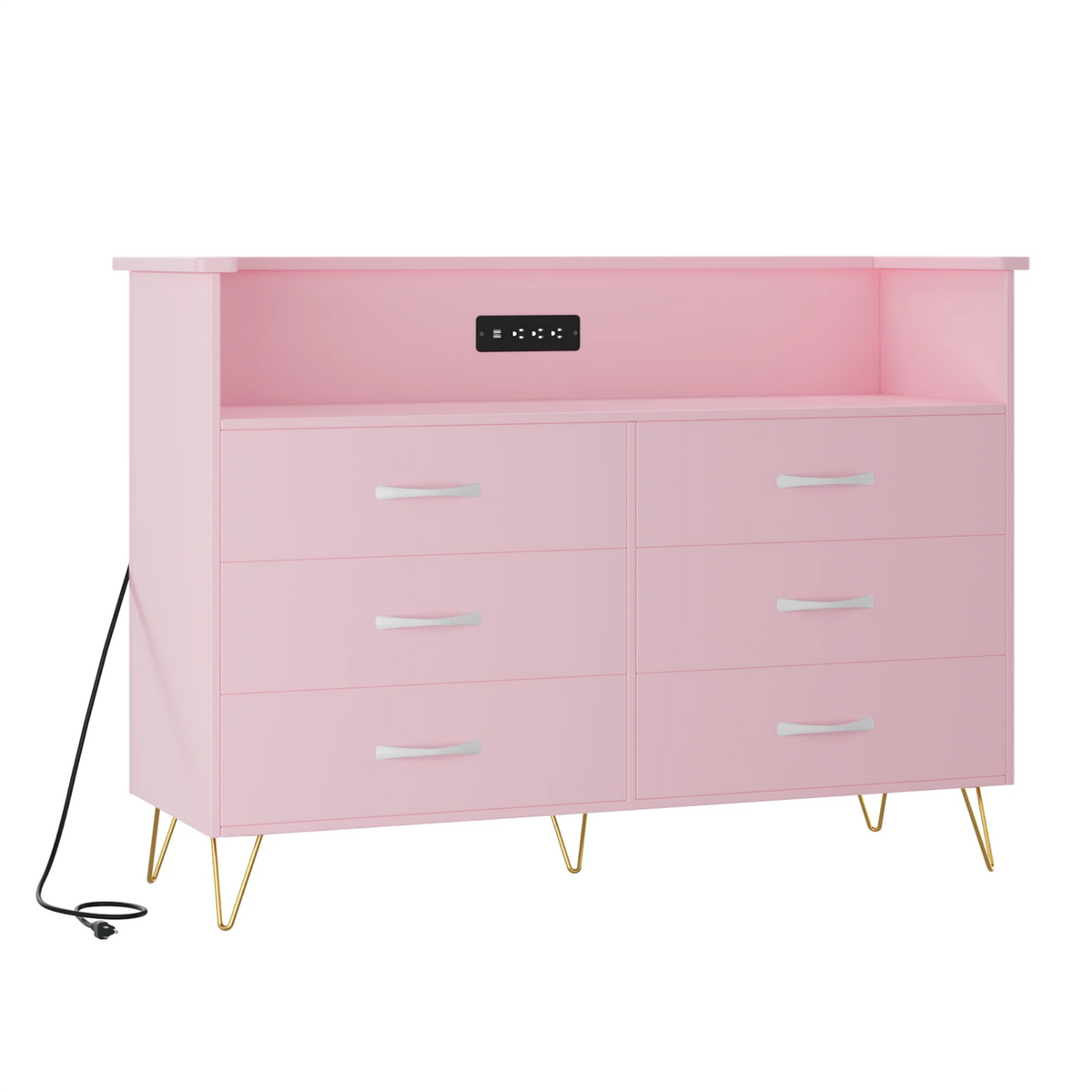 Dresser With LED Lighting, Charging Station And Open Shelves