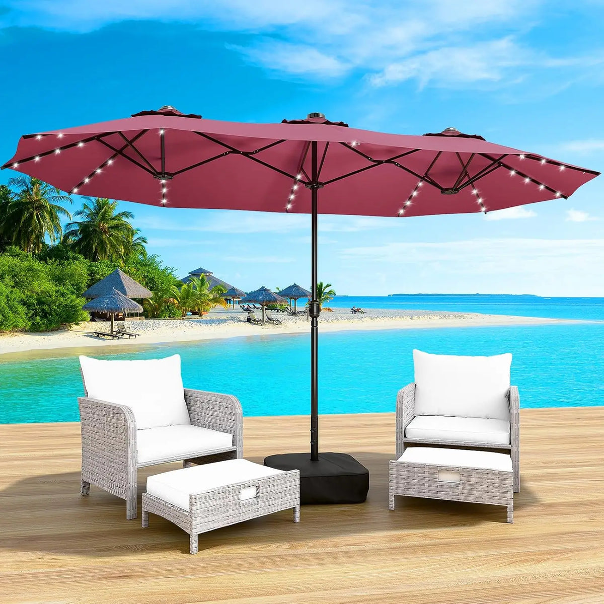 15FT Large Patio Patio Umbrella with Base & Solar LED Lights - Double-Sided, Customized