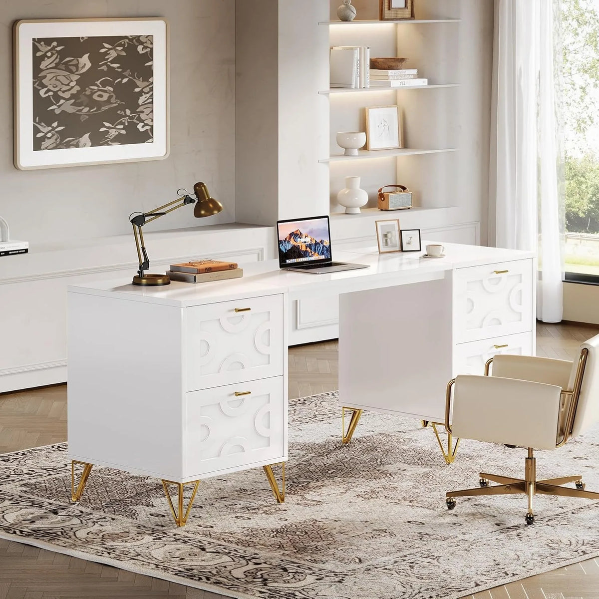 White Luxury Executive Desk 59 with Four File Drawers Modern Gold Trim Elegant Office Table for Home Study