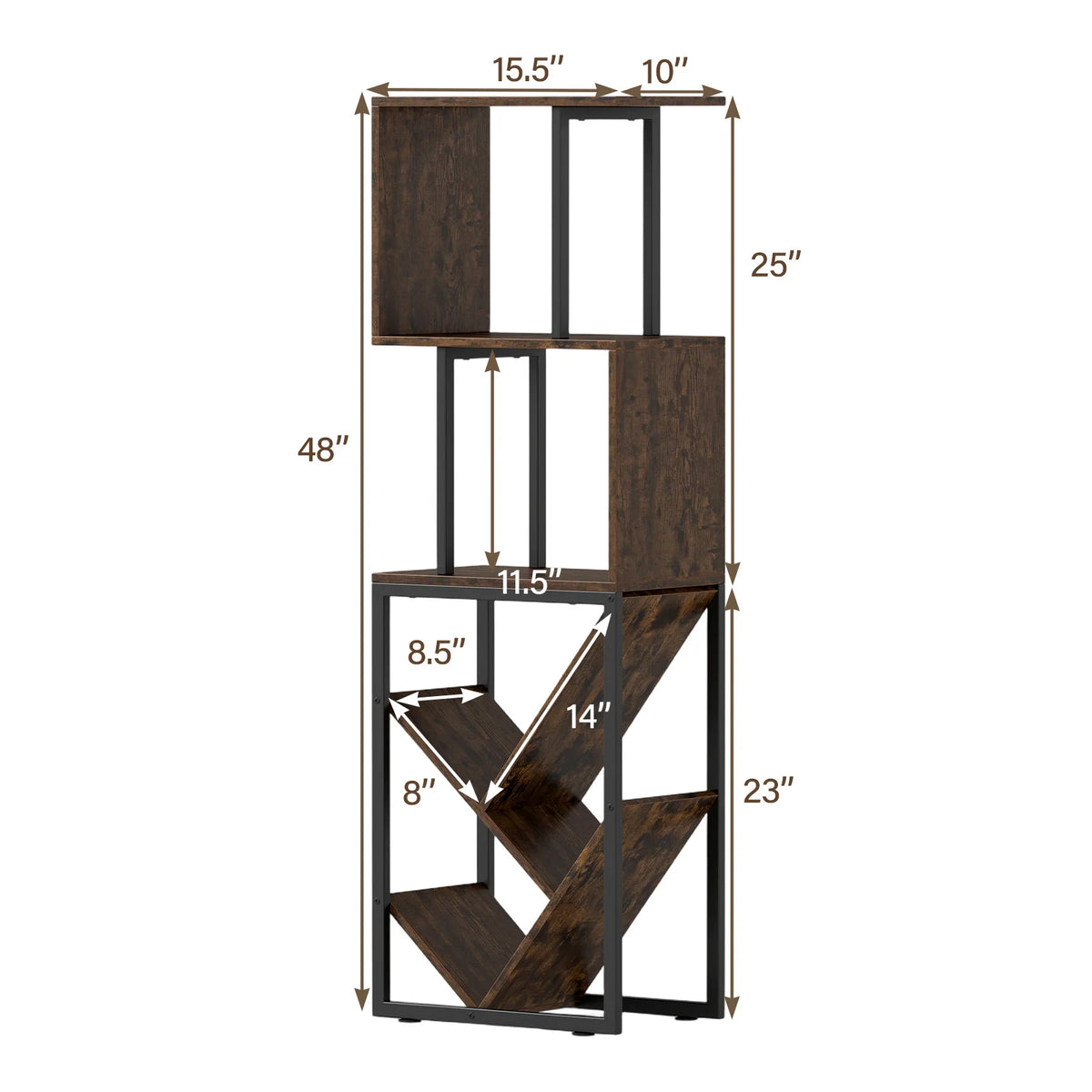 6-Tier Bookshelf, Industrial S-Shaped Geometric Bookcase w/ Open Display Shelves