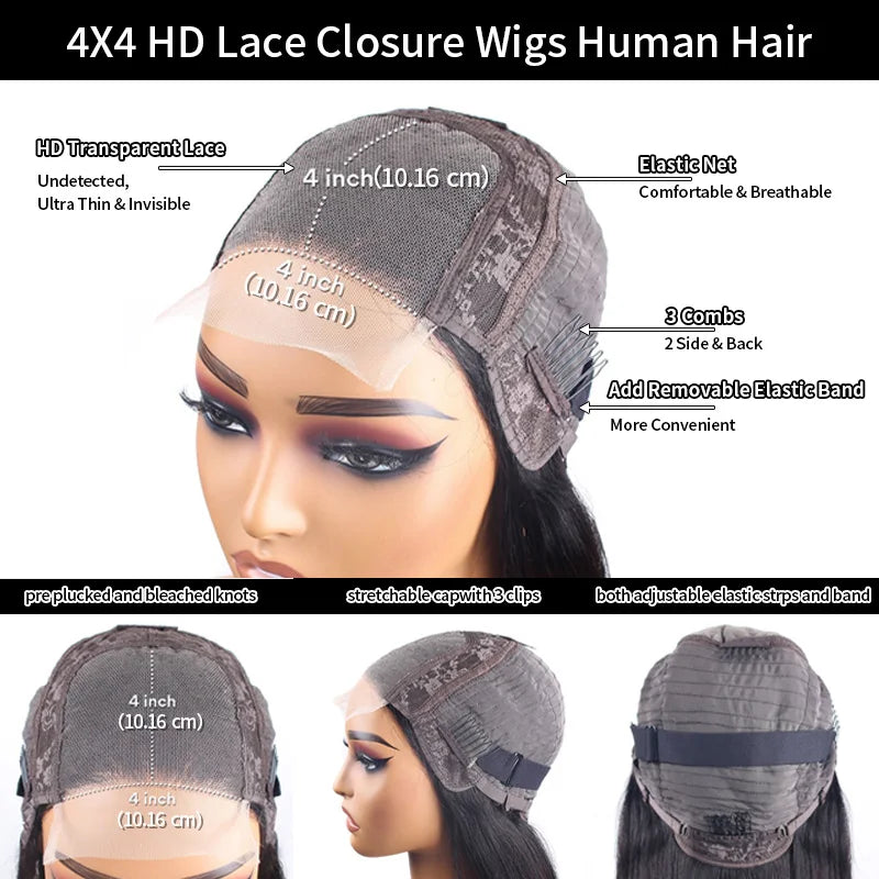 100% Virgin Human Hair Bob Wigs Straight 3x1 T Part HD Lace Closure Wig 1B Natural Black 8 to 16 Inch Glueless Wear and Go