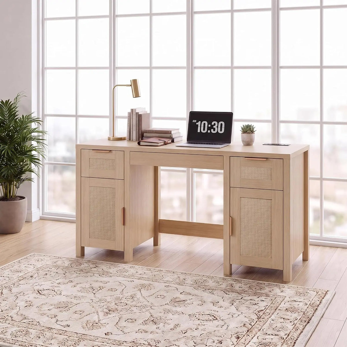 HiMISS Modern Wooden Office Desk With Drawers And Cabinet Storage
