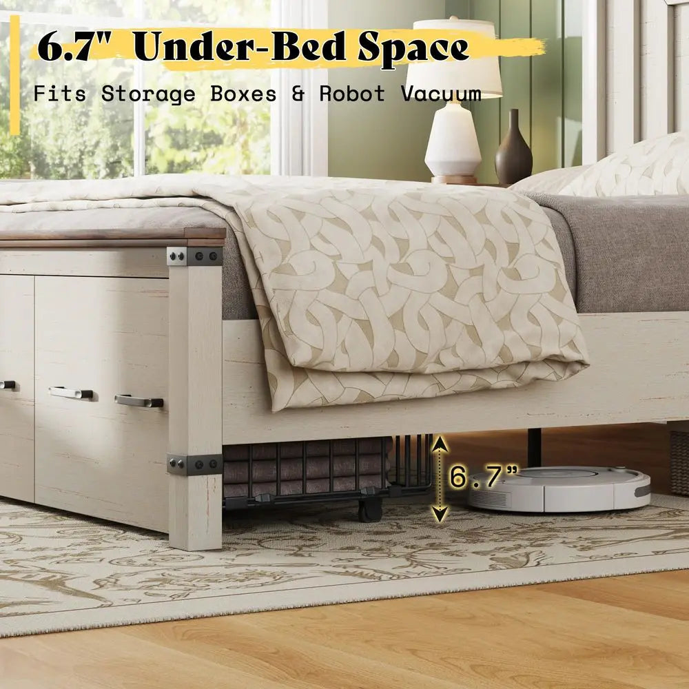 XMSJ Farmhouse Platform Bed Frame With Geometric Headboard And Storage