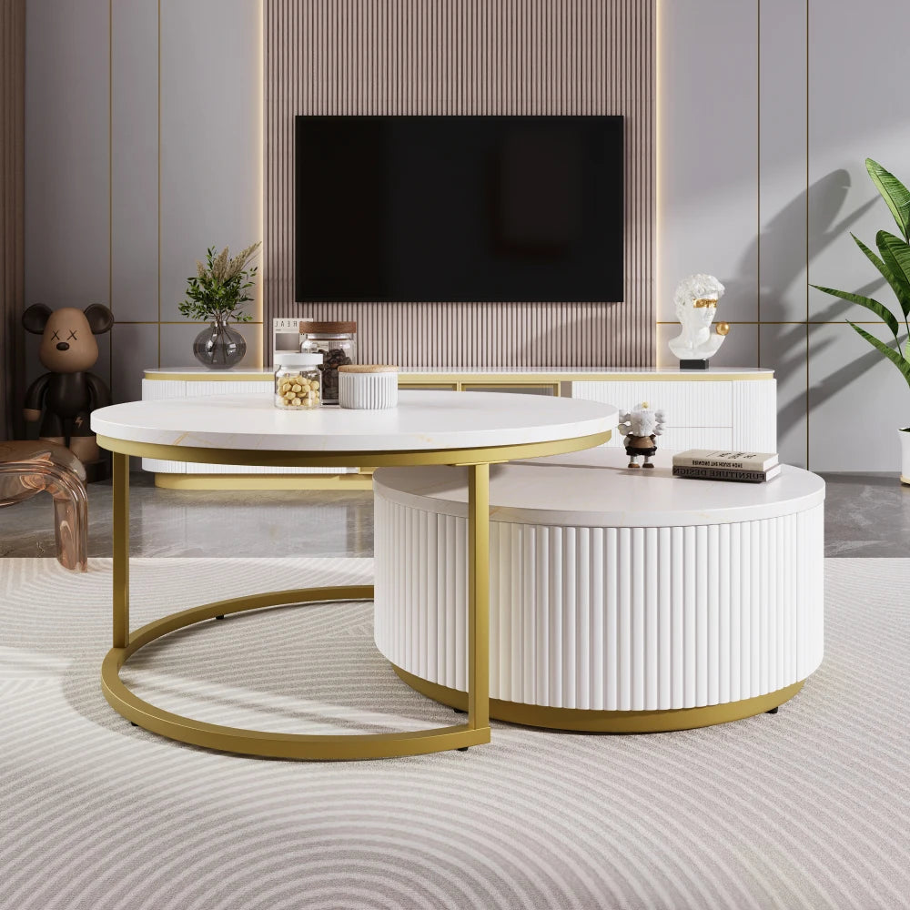 Modern Round Fluted Nesting Coffee Table With Storage Drawer