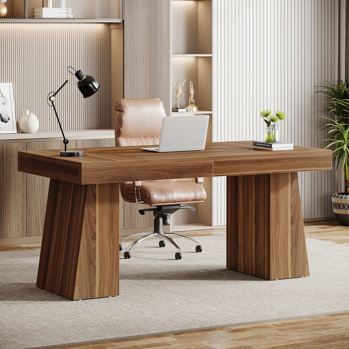 Tribesigns 55-Inch Executive Desk Double Pedestal Modern Wood Office Desk