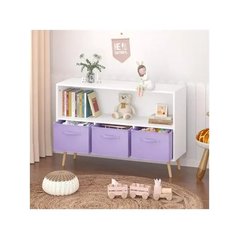 Kids Bookcase with Collapsible Fabric Bins, Children's Book Display & Toy Storage Organizer, White & Purple Design, Perfect for