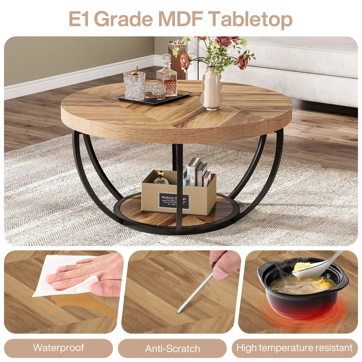 Tribesigns 31.7" Round Coffee Table, Industrial 2-Tier Circle Coffee Table with Storage Shelves, Modern Wooden Accent Center Tab