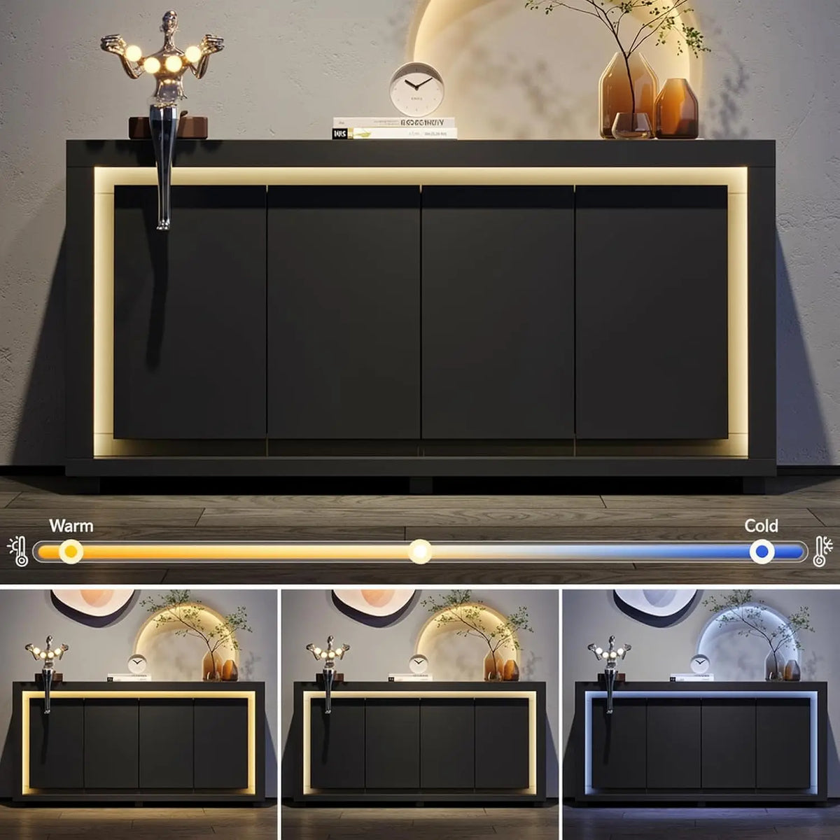 ONBRILL Modern Storage Cabinet With Power Outlets And LED Lighting