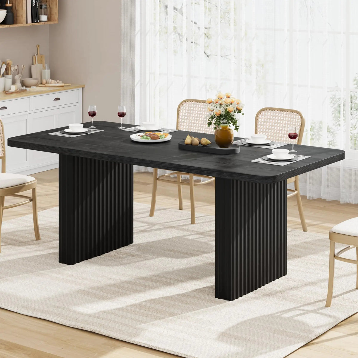 71 Inch Industrial Dining Table For 6-8, Farmhouse Rectangular Kitchen Table With Rustic Wood Top And Black Fluted Metal Legs
