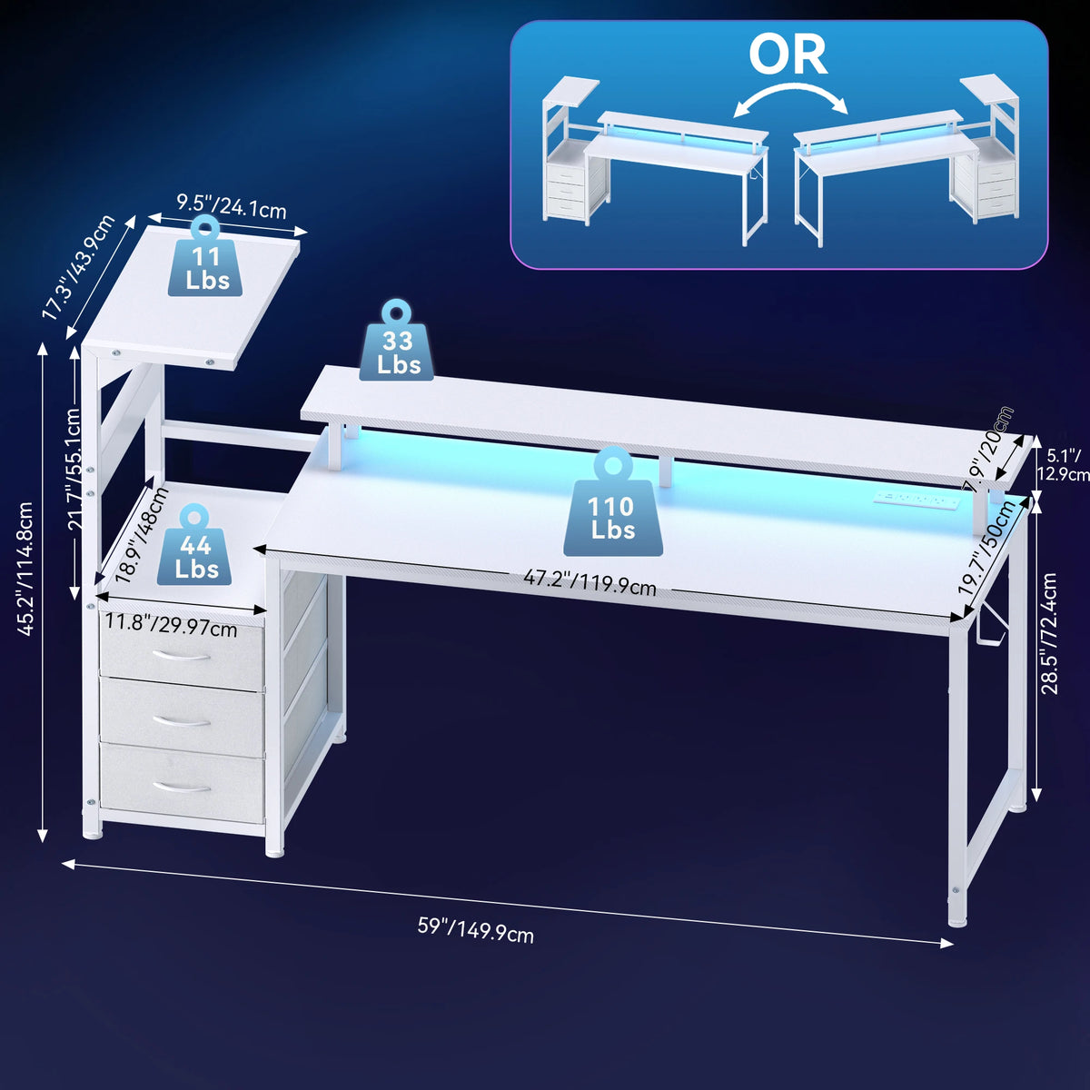 JHK Gaming Desk With Drawers LED Lights And Power Outlets