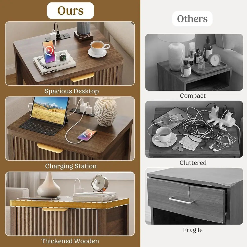 LISM Fluted Wood Nightstand With Charging Station And Storage Drawer