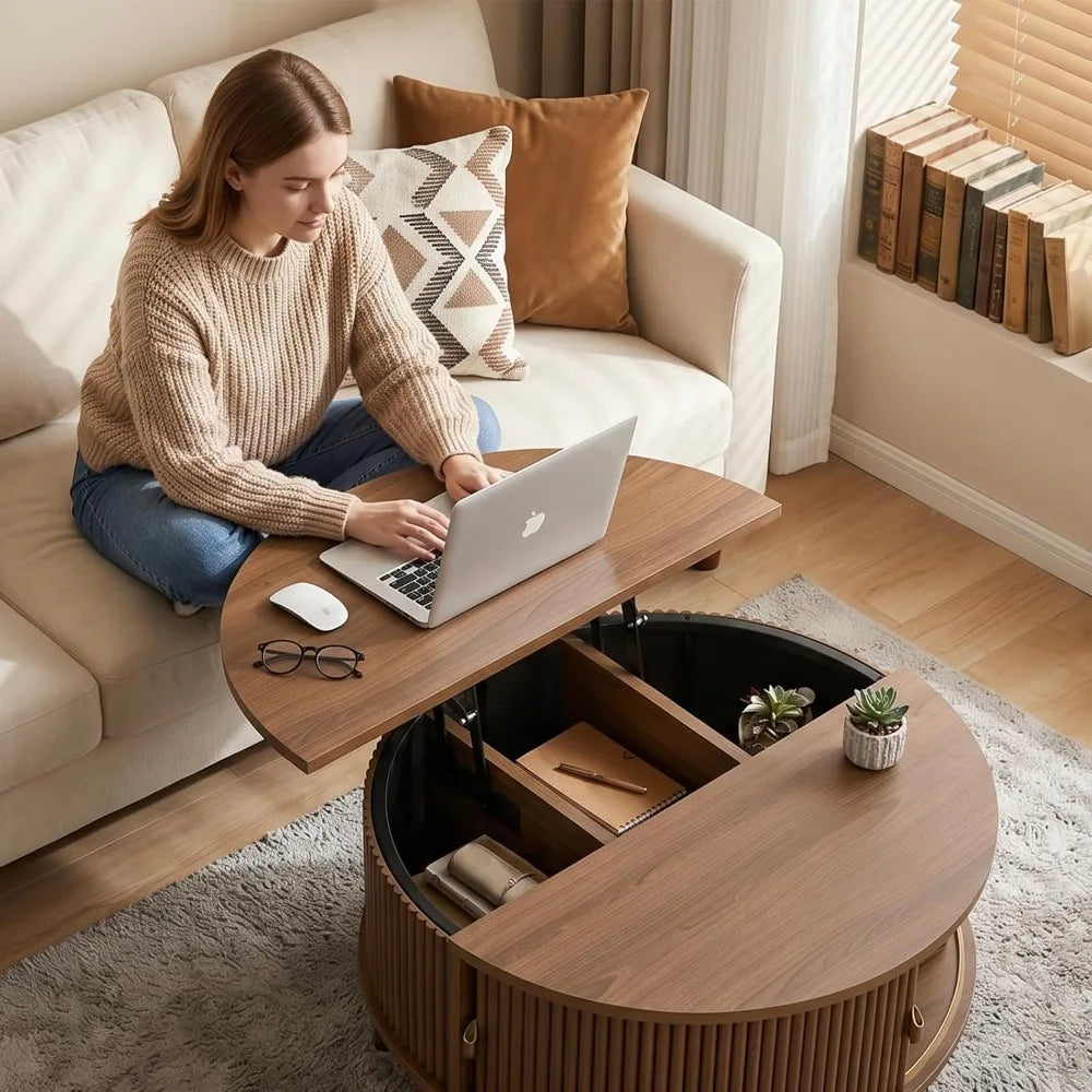 Mid Century Modern Coffee Table With Hidden Storage Sliding Door