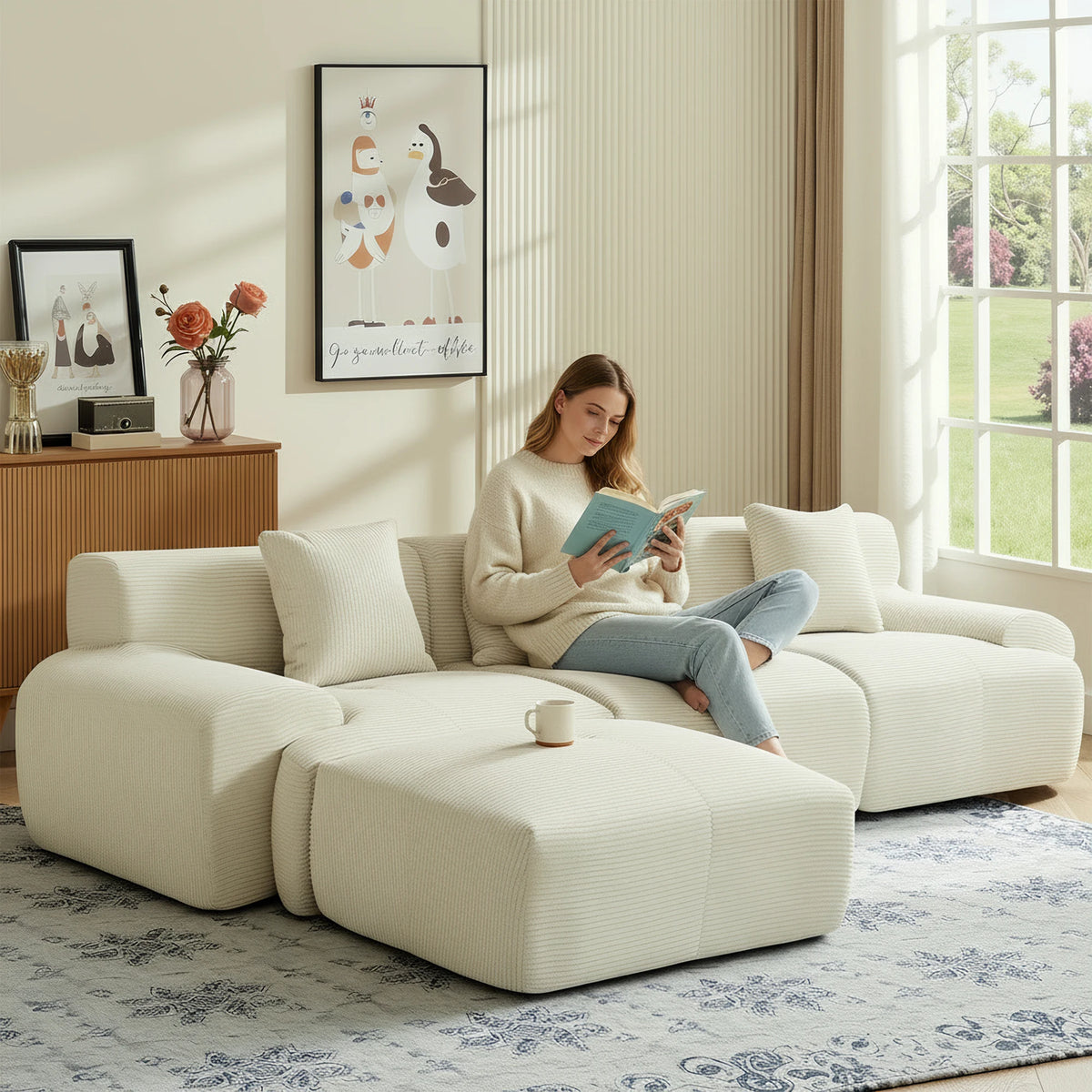 GAOHAPY Modular Corduroy Sectional Sofa With Chaise Ottoman