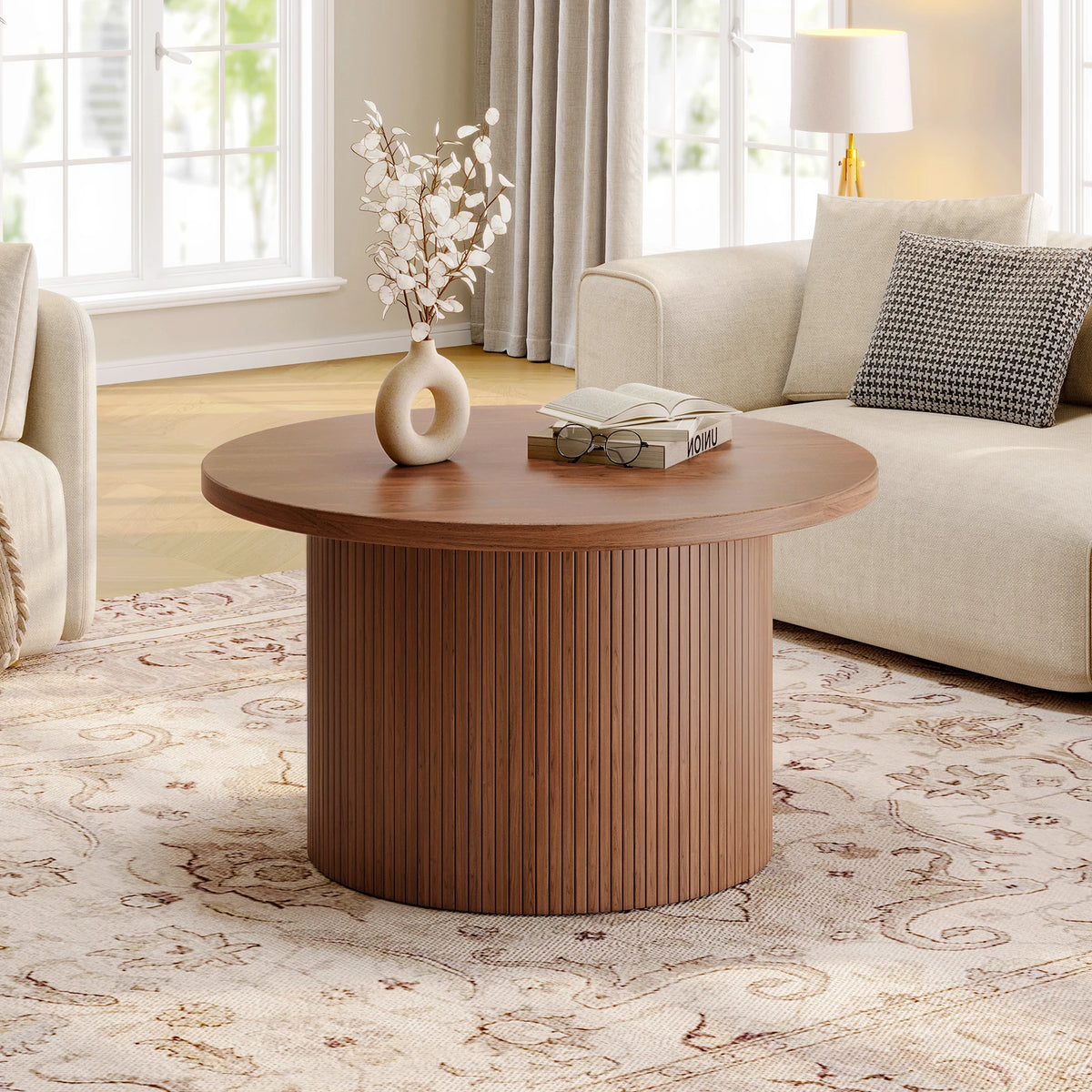 Tambour Coffee Table Mid Century Modern Wood Drum Accent Table