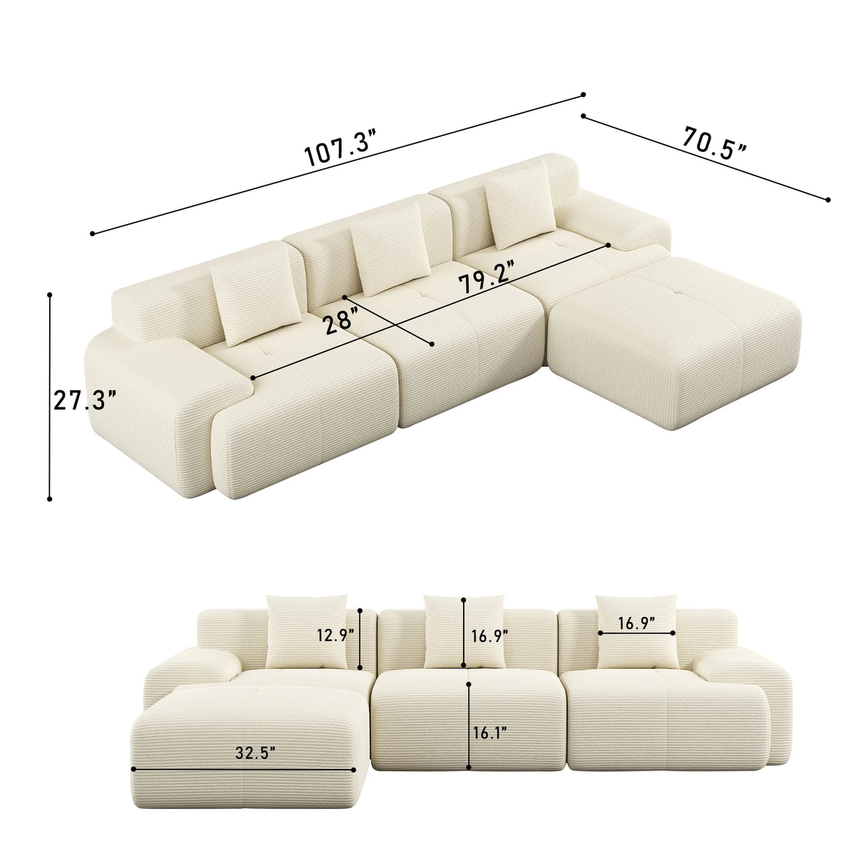 GAOHAPY Modular Corduroy Sectional Sofa With Chaise Ottoman