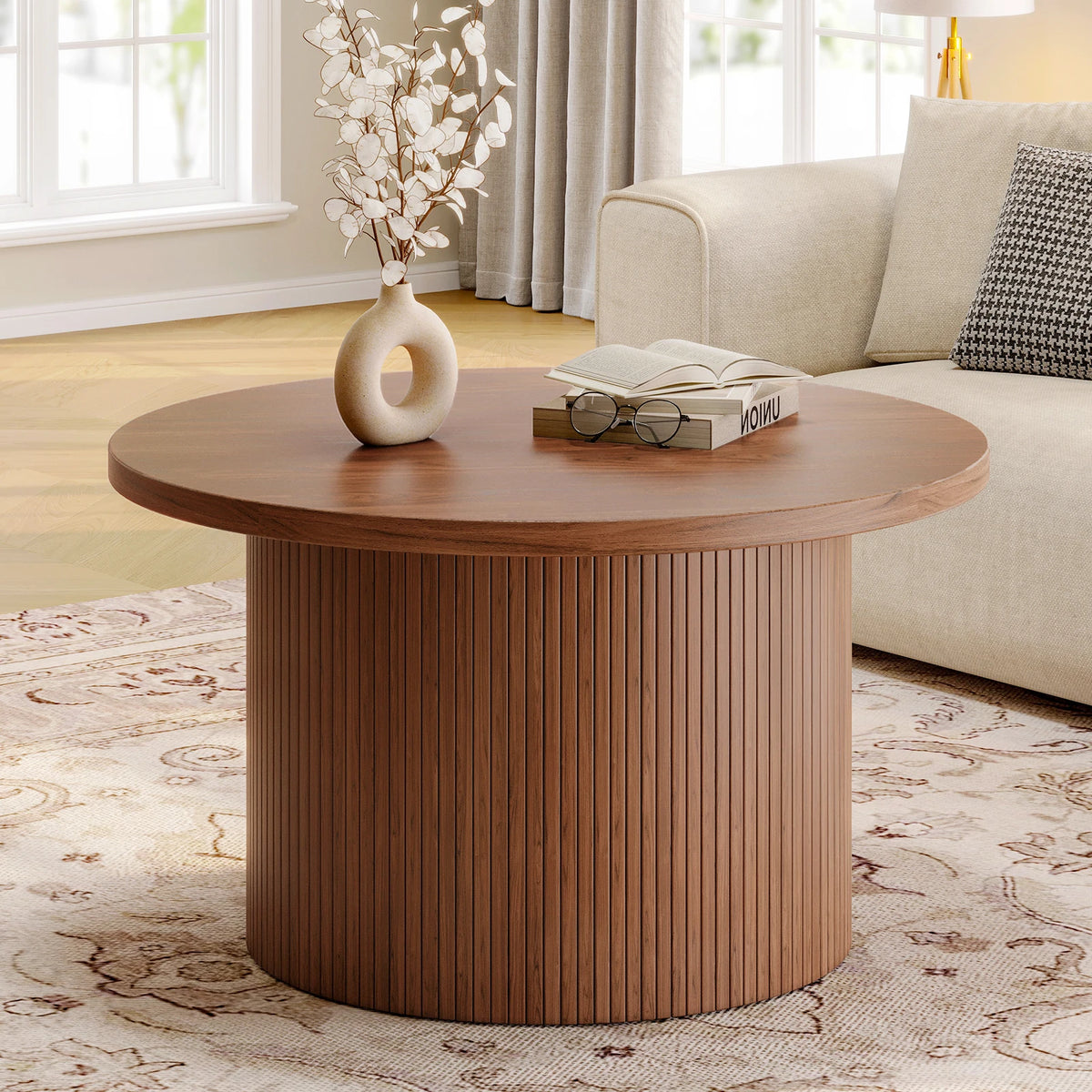 Tambour Coffee Table Mid Century Modern Wood Drum Accent Table