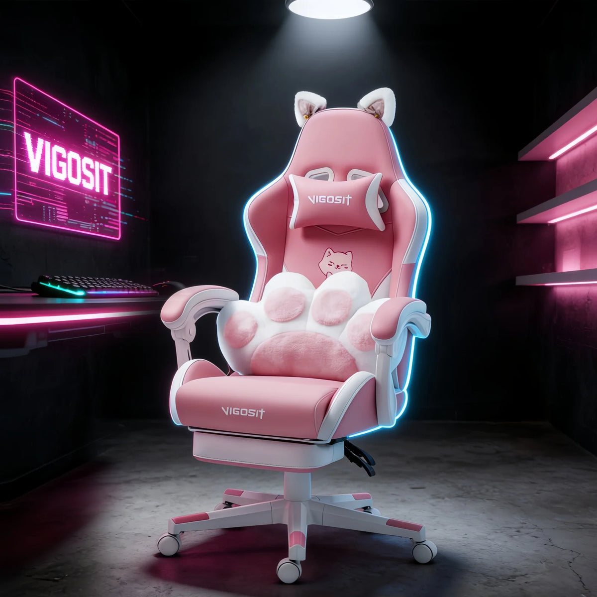 Vigosit Gaming Chair Cute Ears and Kawaii Pillow Ergonomic Computer Game Chair for Girls with Lumbar Support