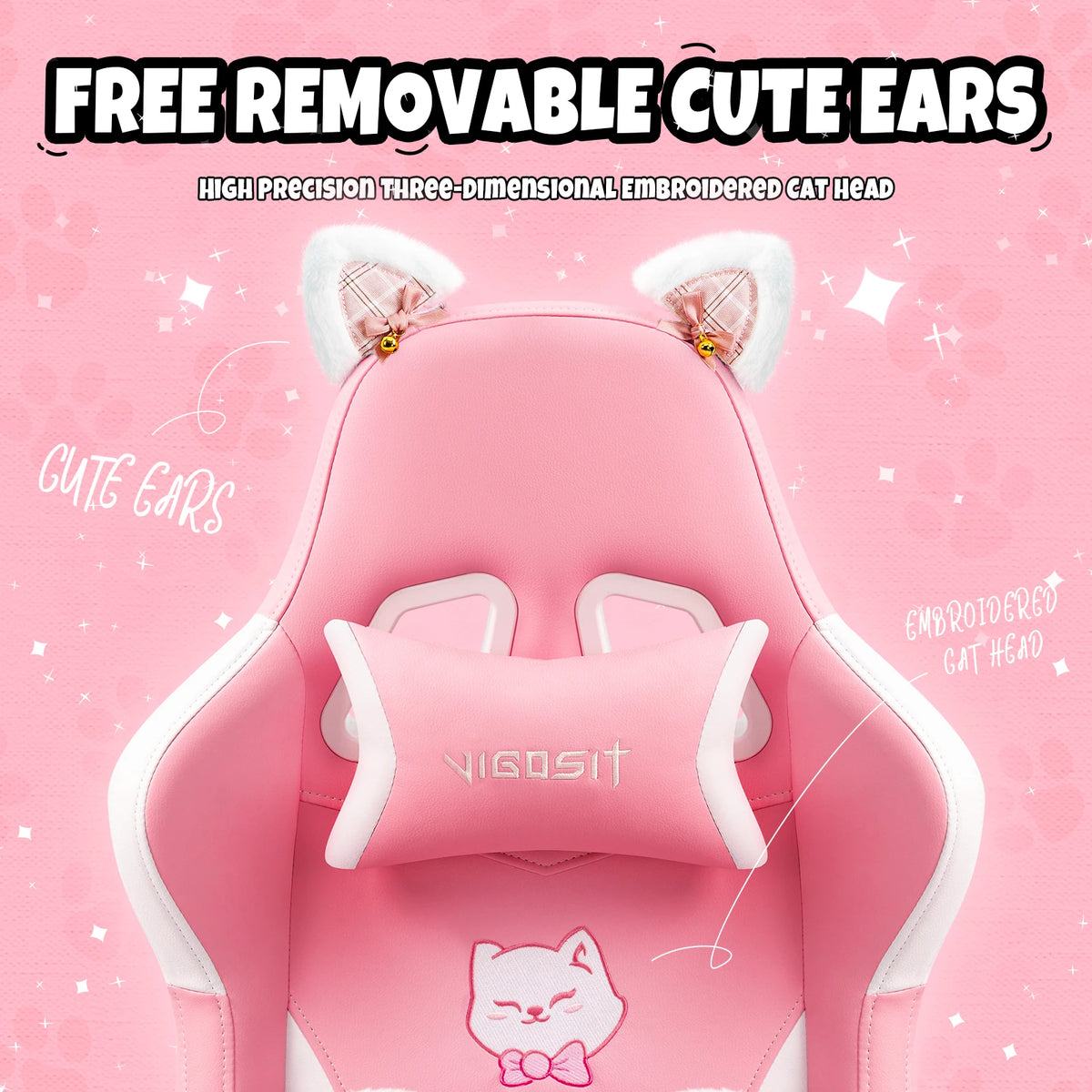 Vigosit Gaming Chair Cute Ears and Kawaii Pillow Ergonomic Computer Game Chair for Girls with Lumbar Support
