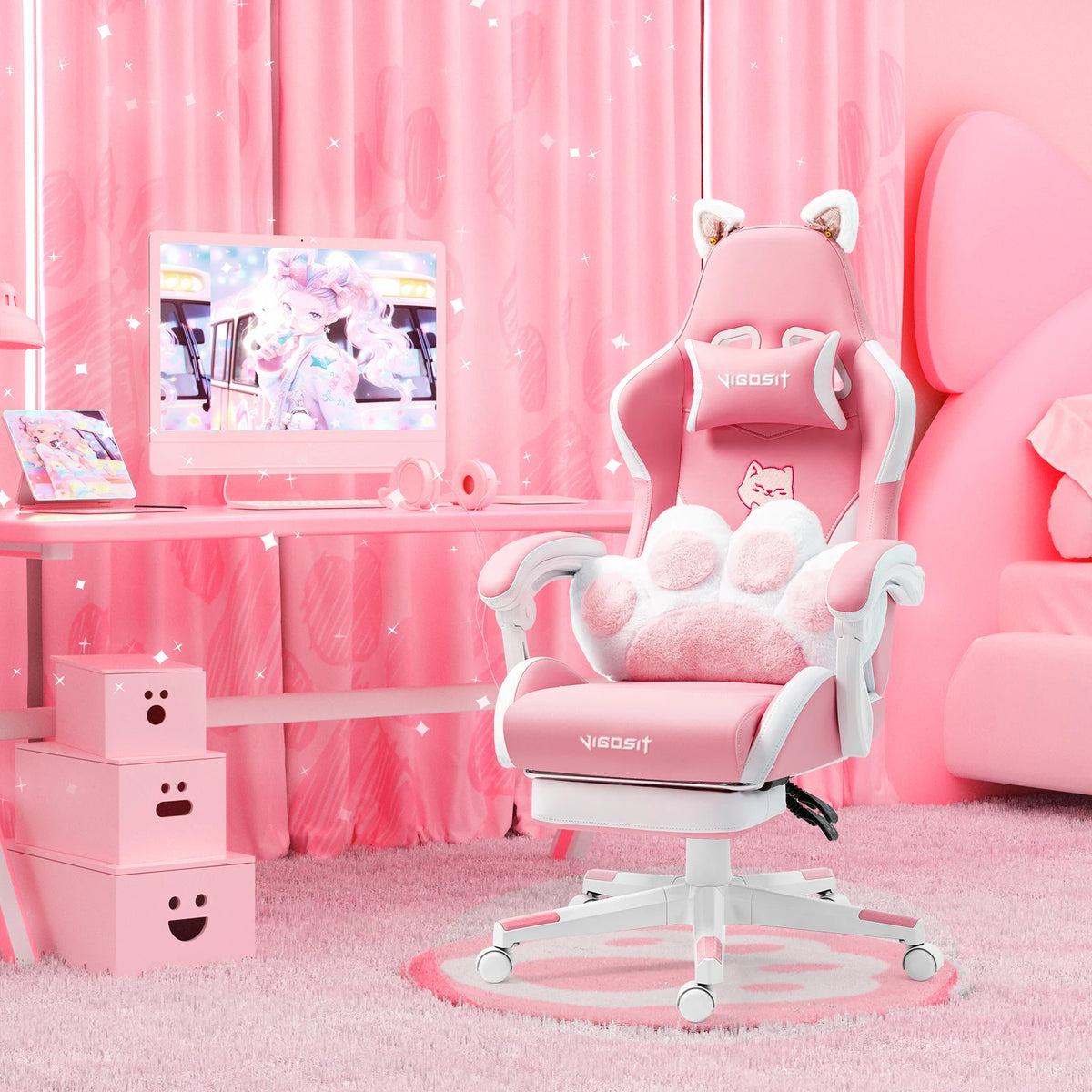 Vigosit Gaming Chair Cute Ears and Kawaii Pillow Ergonomic Computer Game Chair for Girls with Lumbar Support