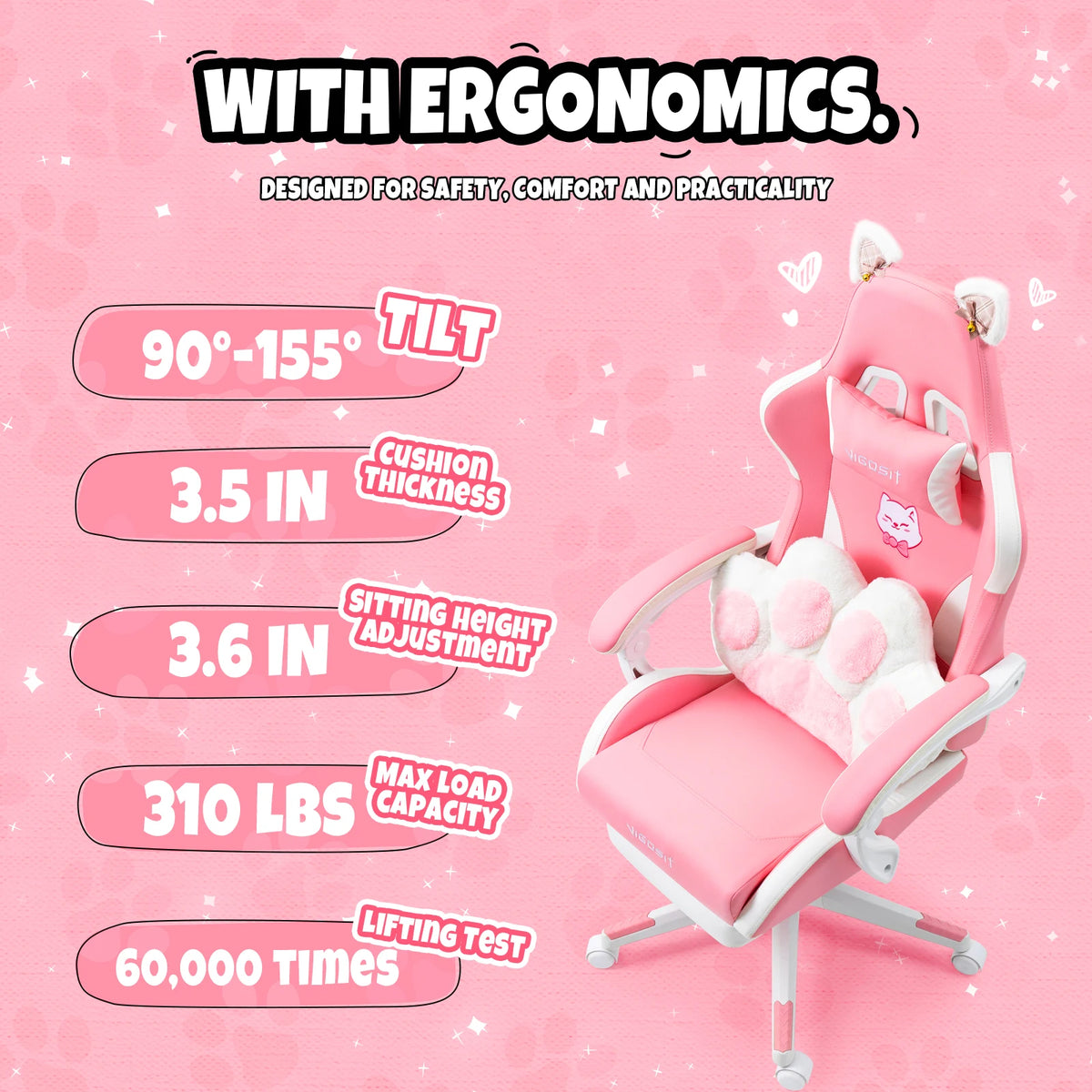 Vigosit Gaming Chair Cute Ears and Kawaii Pillow Ergonomic Computer Game Chair for Girls with Lumbar Support