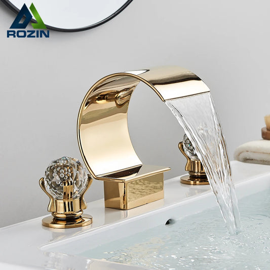 Bright Golden Waterfall Basin Faucet Dual Cristal Handle Widespread Bathroom Sink Mixer Tap Deck Mounted Bathtub Mixers Crane