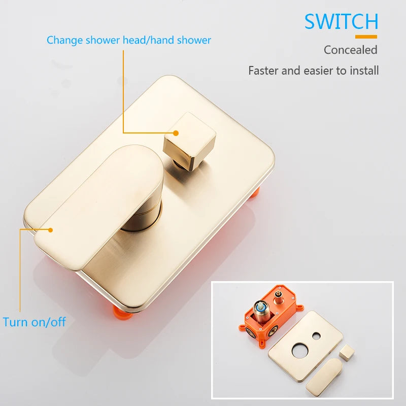 Brushed Gold Bathroom Shower Set Rainfall Shower Head Single Handle Shower Faucet Wall Mounted Bath Shower Mixer Water Set