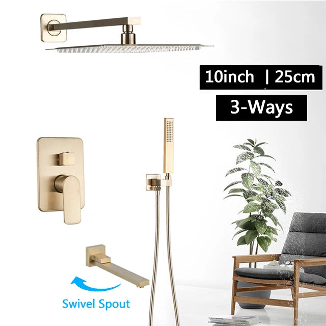 Brushed Gold Bathroom Shower Set Rainfall Shower Head Single Handle Shower Faucet Wall Mounted Bath Shower Mixer Water Set