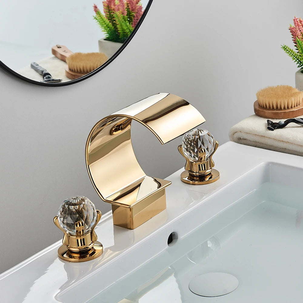 Bright Golden Waterfall Basin Faucet Dual Cristal Handle Widespread Bathroom Sink Mixer Tap Deck Mounted Bathtub Mixers Crane