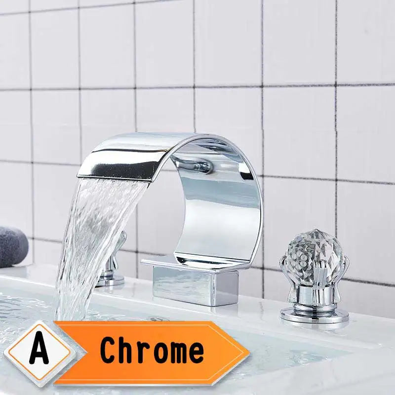 Bright Golden Waterfall Basin Faucet Dual Cristal Handle Widespread Bathroom Sink Mixer Tap Deck Mounted Bathtub Mixers Crane