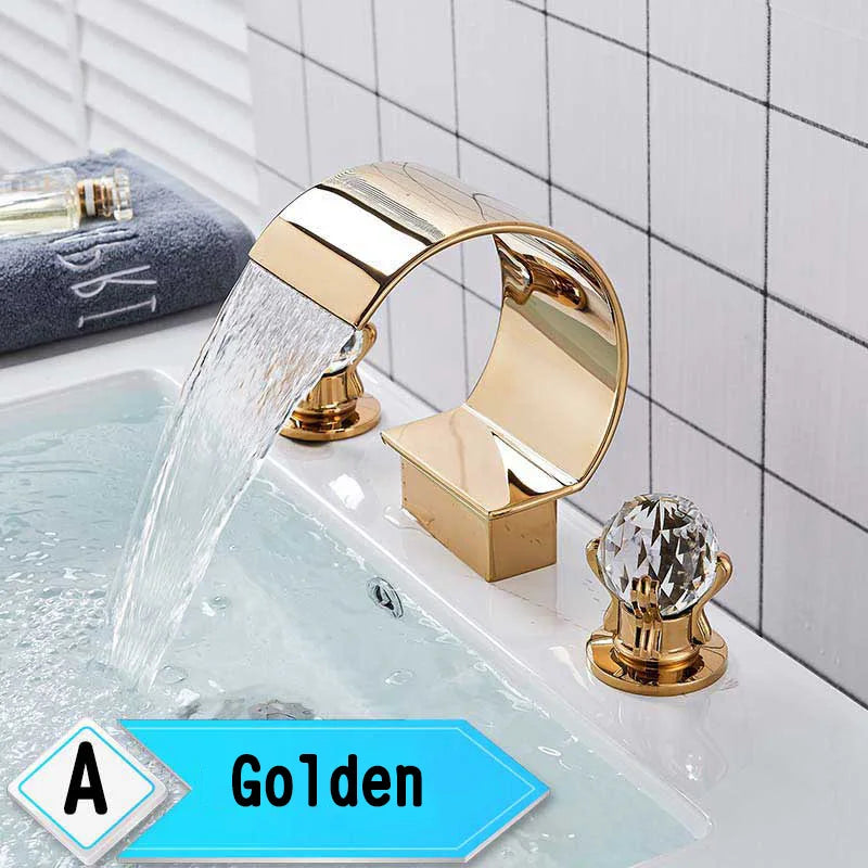 Bright Golden Waterfall Basin Faucet Dual Cristal Handle Widespread Bathroom Sink Mixer Tap Deck Mounted Bathtub Mixers Crane