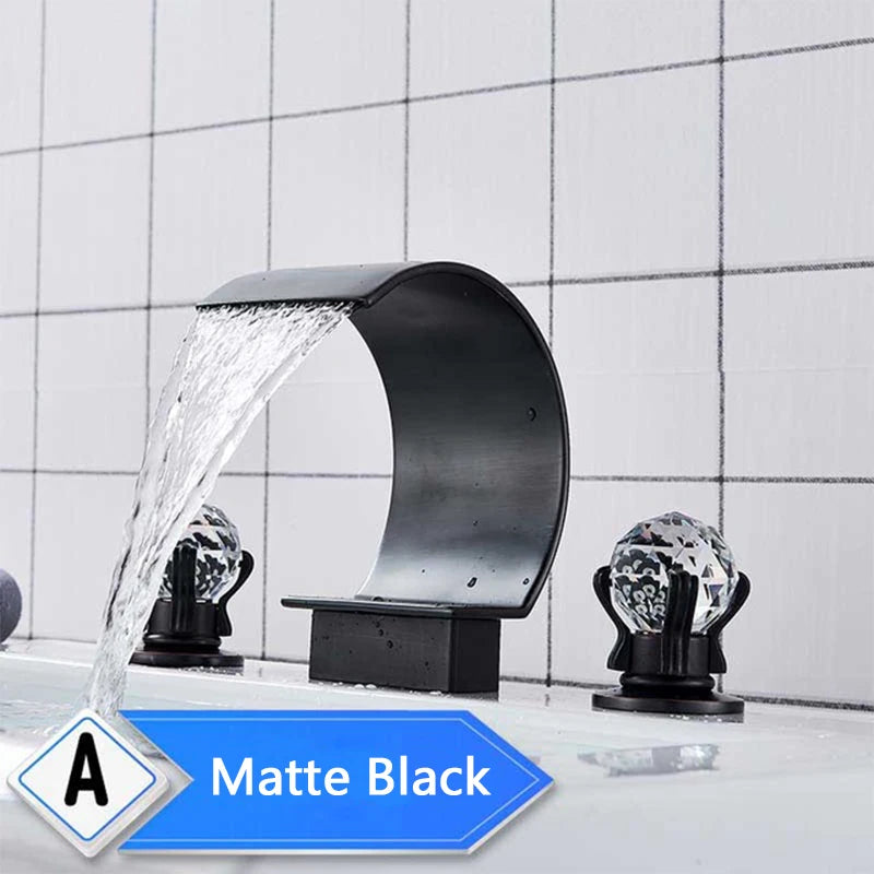 Bright Golden Waterfall Basin Faucet Dual Cristal Handle Widespread Bathroom Sink Mixer Tap Deck Mounted Bathtub Mixers Crane