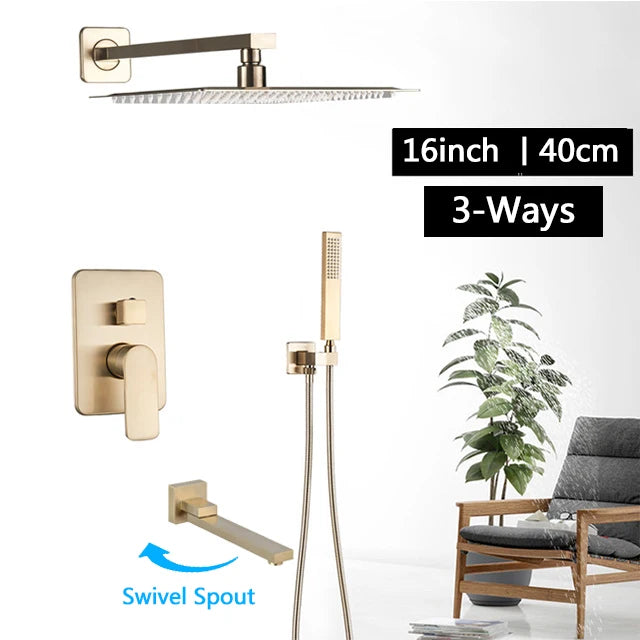 Brushed Gold Bathroom Shower Set Rainfall Shower Head Single Handle Shower Faucet Wall Mounted Bath Shower Mixer Water Set