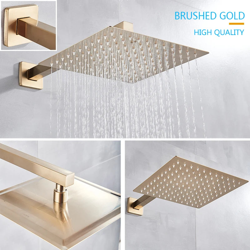 Brushed Gold Bathroom Shower Set Rainfall Shower Head Single Handle Shower Faucet Wall Mounted Bath Shower Mixer Water Set