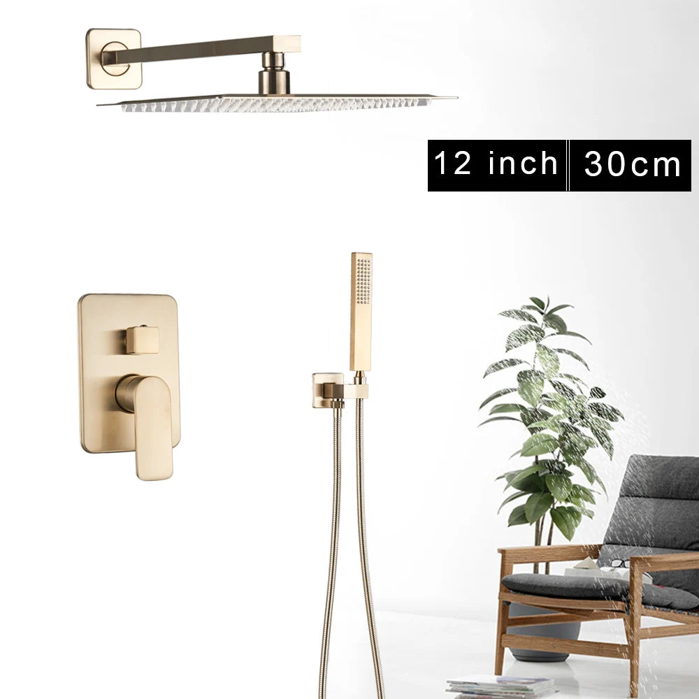 Brushed Gold Bathroom Shower Set Rainfall Shower Head Single Handle Shower Faucet Wall Mounted Bath Shower Mixer Water Set