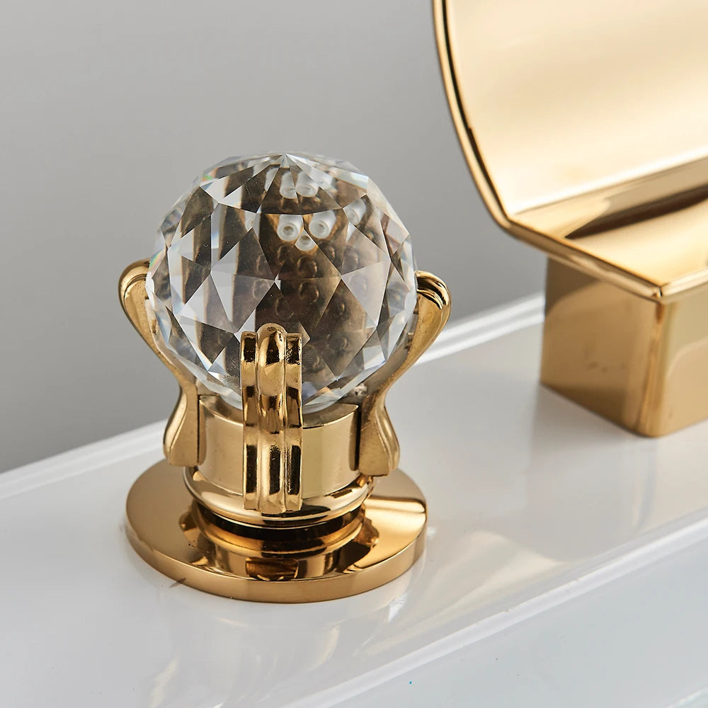 Bright Golden Waterfall Basin Faucet Dual Cristal Handle Widespread Bathroom Sink Mixer Tap Deck Mounted Bathtub Mixers Crane
