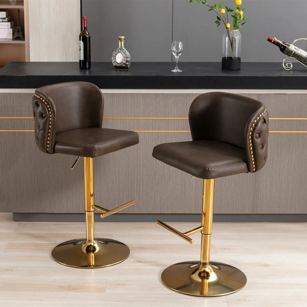 TWISTER.CK Swivel Bar Chairs PU Upholstered Bar Stools Gold Nailheads