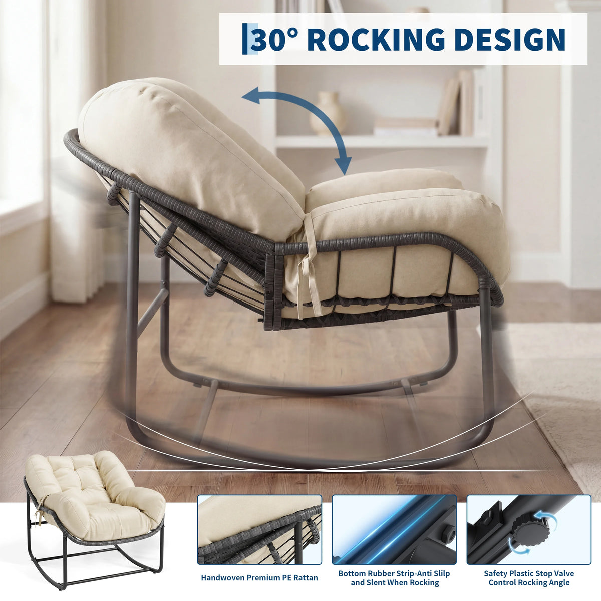 Outdoor Rattan Egg Rocking Chair With Soft All Weather Cushion