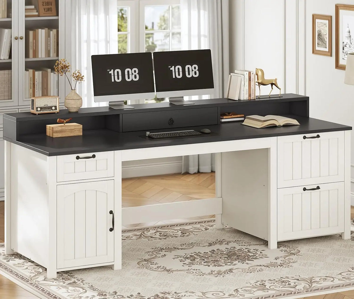 Farmhouse Executive Desk With File Drawers Monitor Stand And Storage