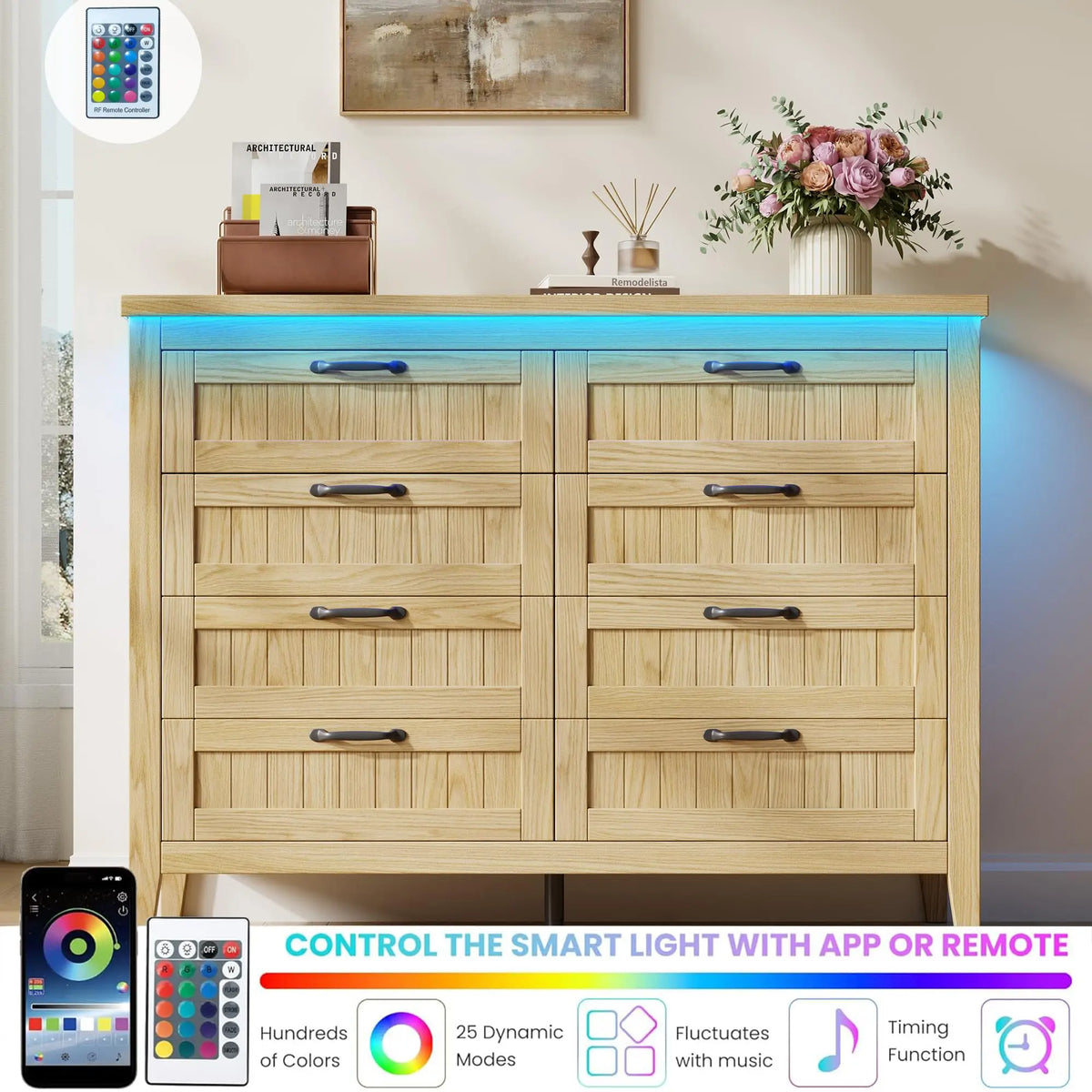 GarveeLife Modern Wooden Dresser With LED Lights And Power Outlet