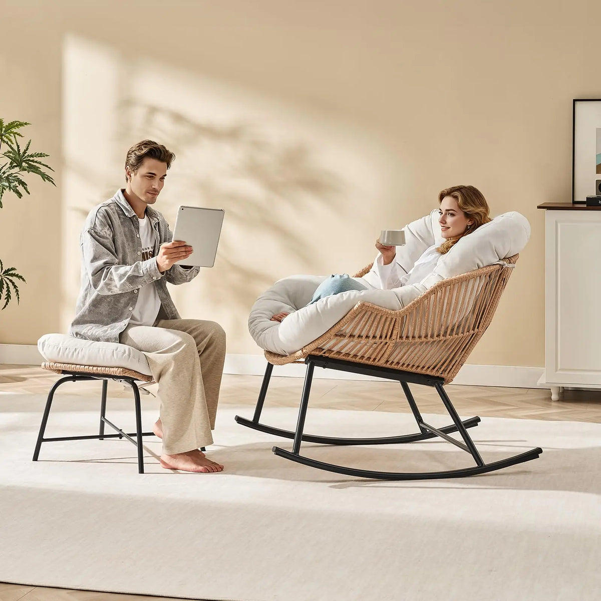 ONBRILL Rattan Papasan Rocking Chair With Ottoman Indoor Outdoor Lounge