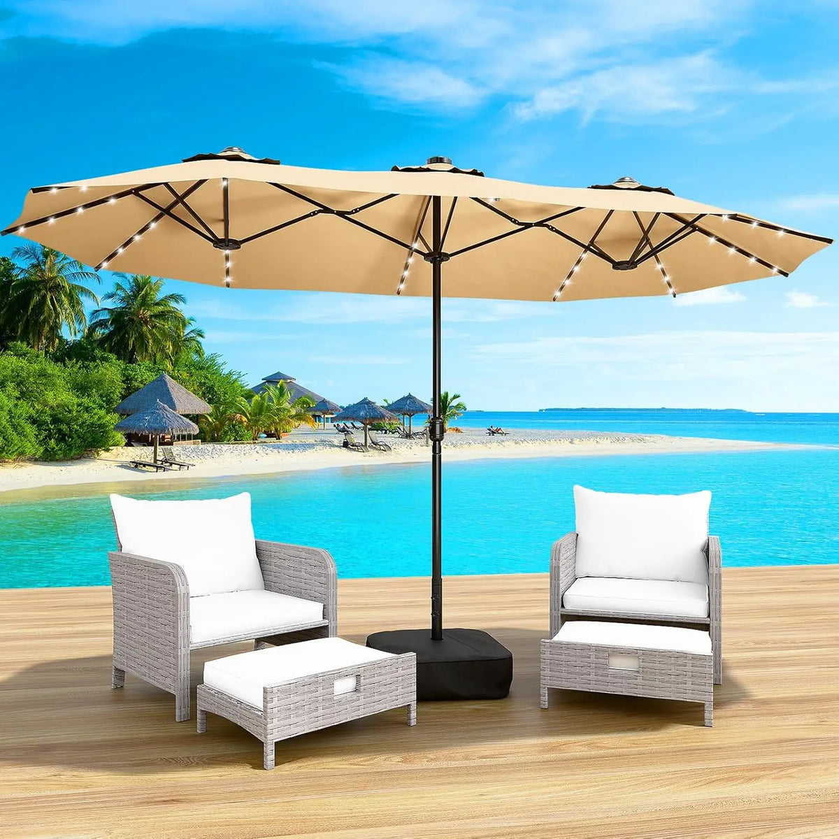 15FT Large Patio Patio Umbrella with Base & Solar LED Lights - Double-Sided, Customized