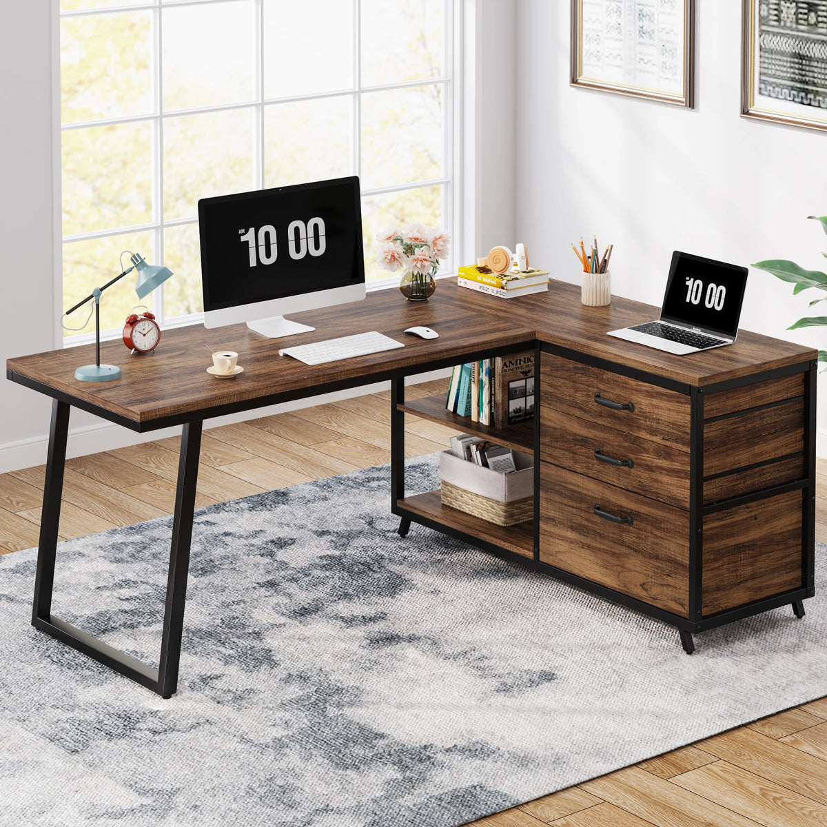 Tribesigns Reversible L Shaped Computer Desk With Drawers And Shelves