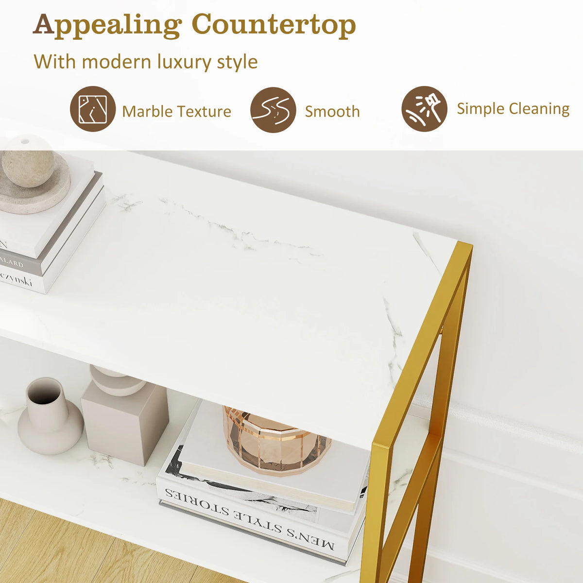 36” Console Table with Wooden Textured Open Shelves & Metal Frame for Hallway