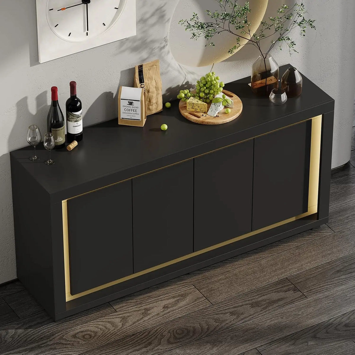 ONBRILL Modern Storage Cabinet With Power Outlets And LED Lighting