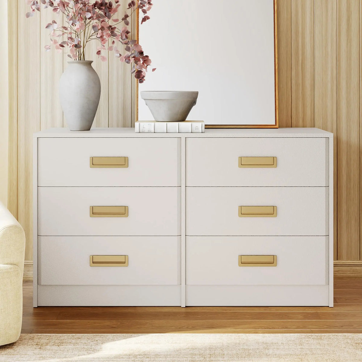 GAOMON Modern Wide Dresser With Six Drawers And Metal Handles
