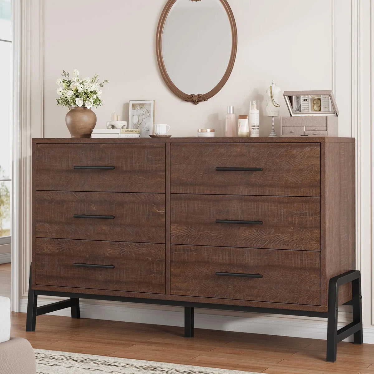 Six Drawer Wooden Dresser With Metal Feet For Bedroom Storage