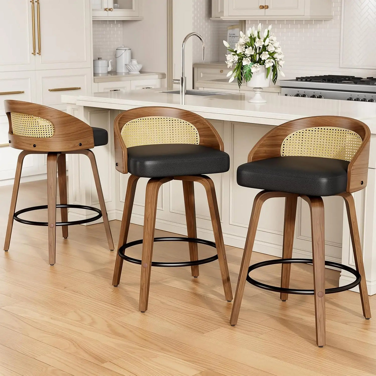 26in Bentwood Counter Stools Set 3 PU Leather Swivel Bar Chair with Back Footrest Kitchen Cafe Dining, Custom