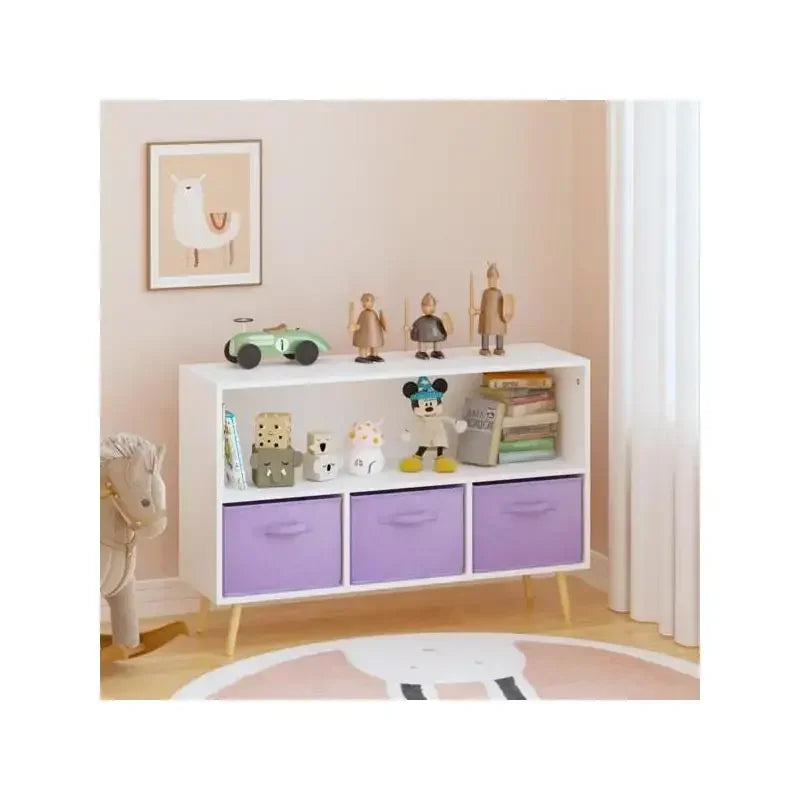 Kids Bookcase with Collapsible Fabric Bins, Children's Book Display & Toy Storage Organizer, White & Purple Design, Perfect for