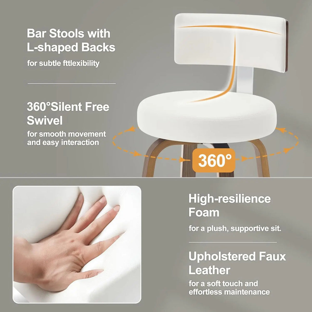 Swivel Counter Stools Set 3 Faux Leather Kitchen Barstool with Back Walnut Wood Legs 26" Seat White, Custom