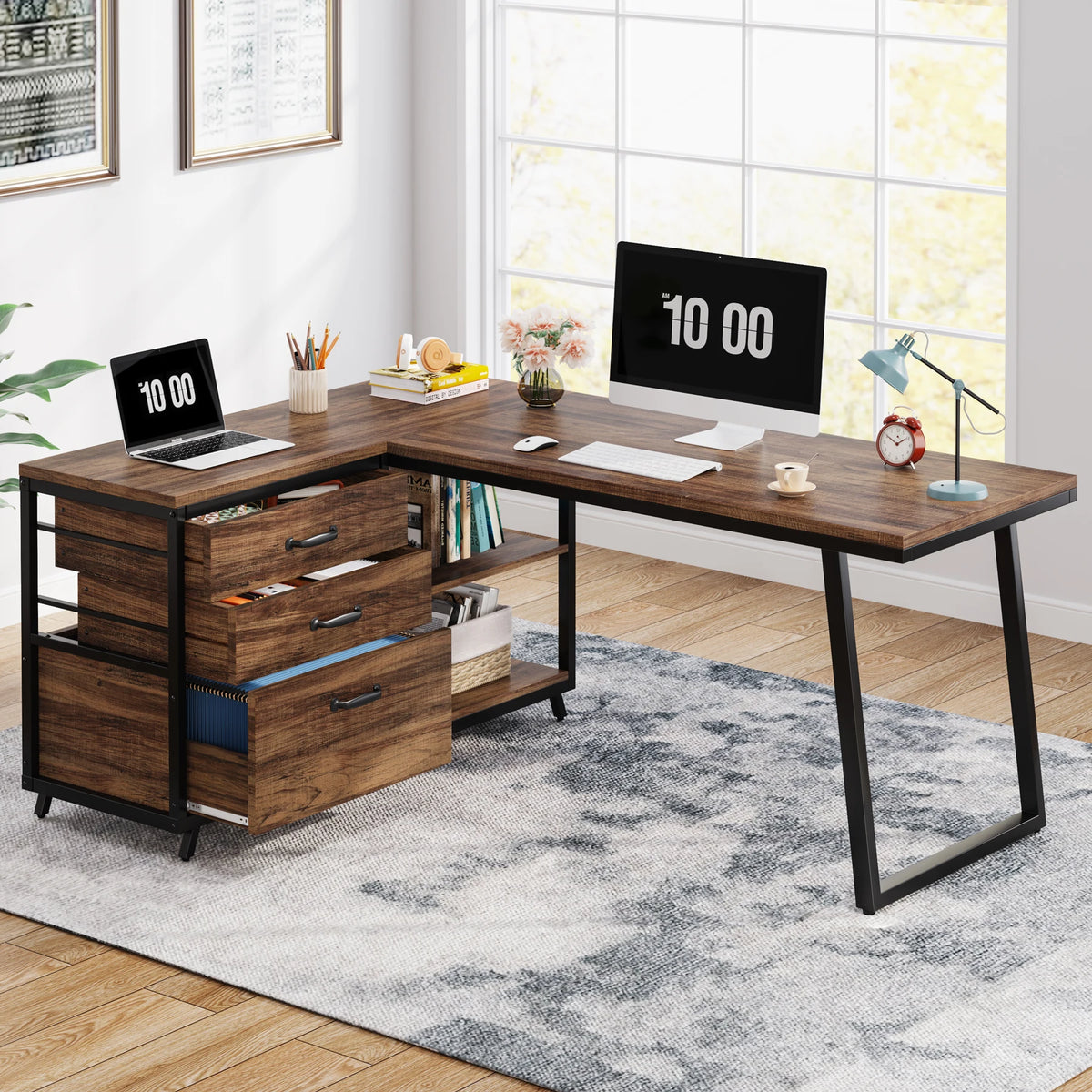 Tribesigns Reversible L Shaped Computer Desk With Drawers And Shelves